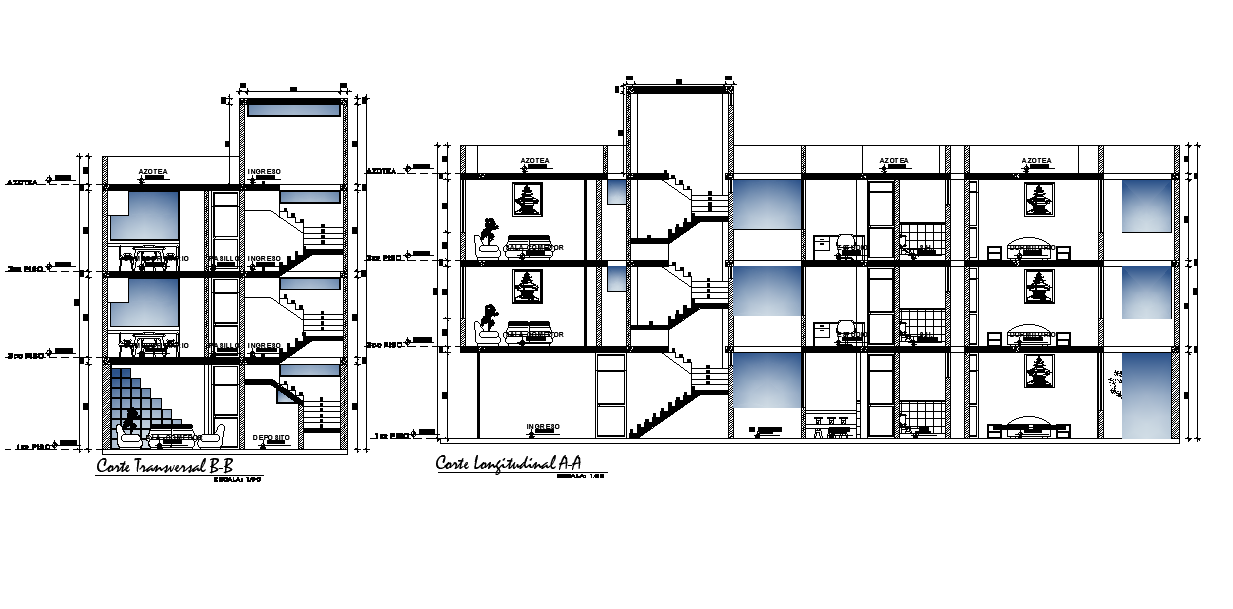 A section view of 8x23m apartment building is given in this Autocad drawing file. Download now.