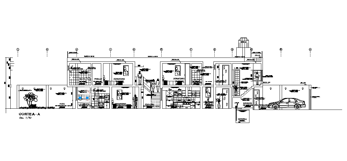 A section view of 8x35m office cum house building is given in this Autocad drawing file. Download now.