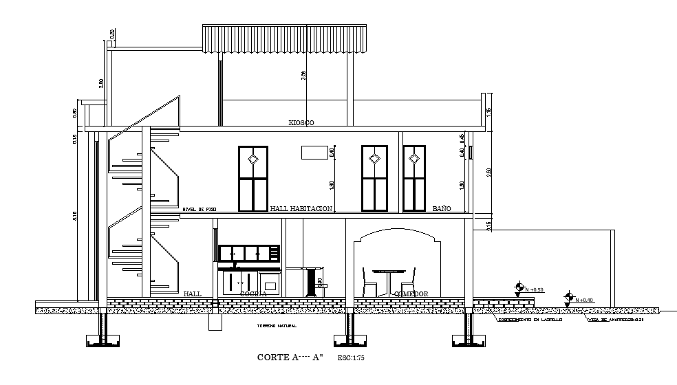 A section view of 9x16m villa plan has been given in this Autocad drawing file. Download now.