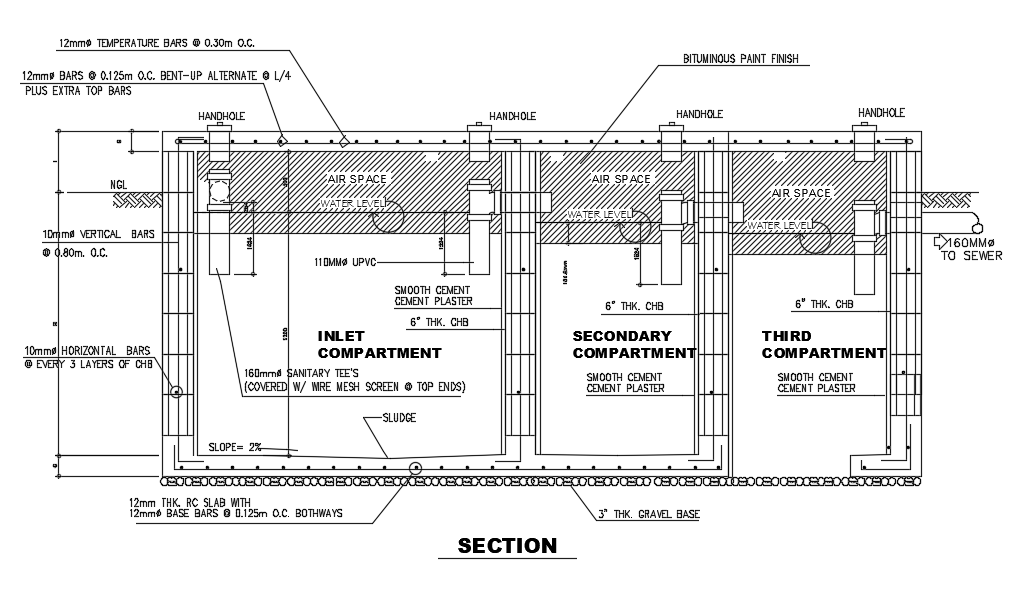 A section view of 9x9m hospital plan of manhole plan is given in this Autocad drawing file. Download the Autocad model.