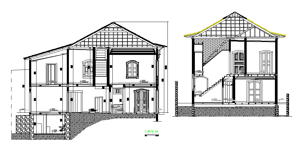 A section view of G+1 architectural house building is given in this Autocad drawing file.Download now.