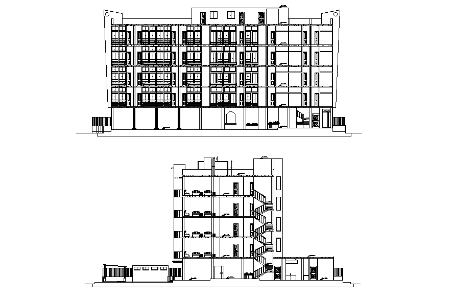 A section view of G+4 hotel building is given in this Autocad drawing file. Download now.