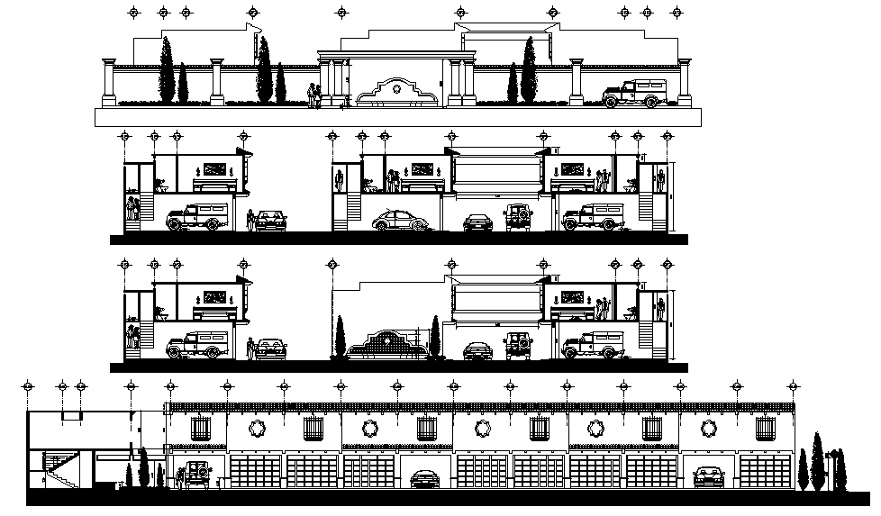 A section view of Ground floor hotel building is given in this Autocad drawing file.Download now.