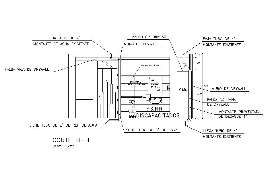 A section view of Plant with layout of walls of toilet has been given in this Autocad drawing file.