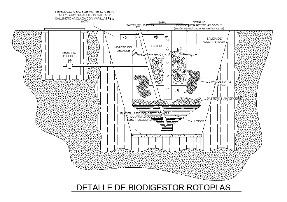 A section view of bio digestor is given from ground level in this AutoCAD drawing file.Download now.