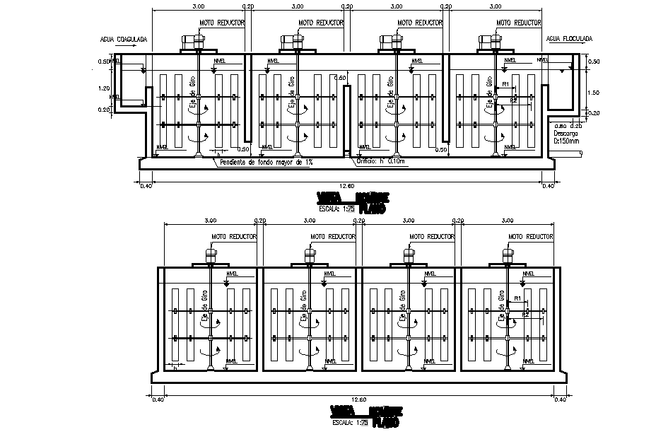 A section view of flocculation unit plant is given in this Autocad drawing file. Download the Autocad model.