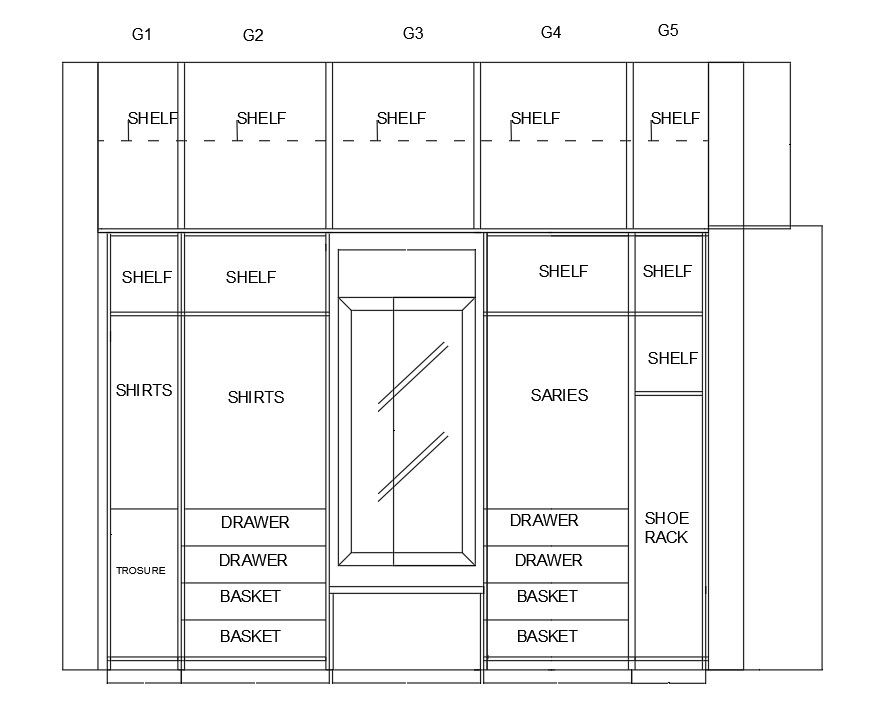 A section view of ground floor guest dressing wardrobe is given in this Autocad drawing file.Download now.