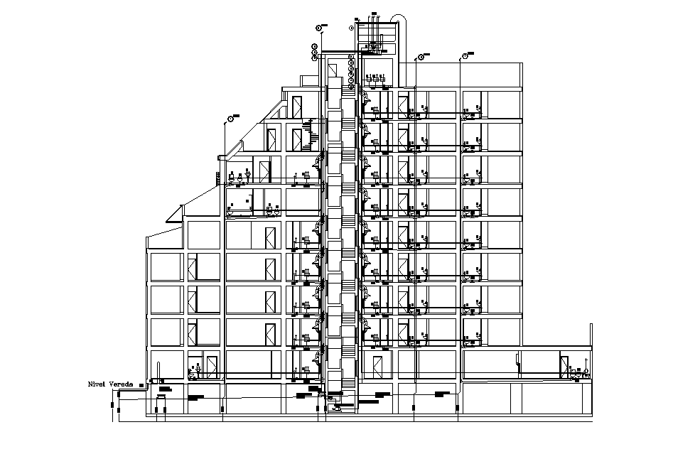 A section view of office cum apartment building plan is given in this Autocad drawing file. Download now.
