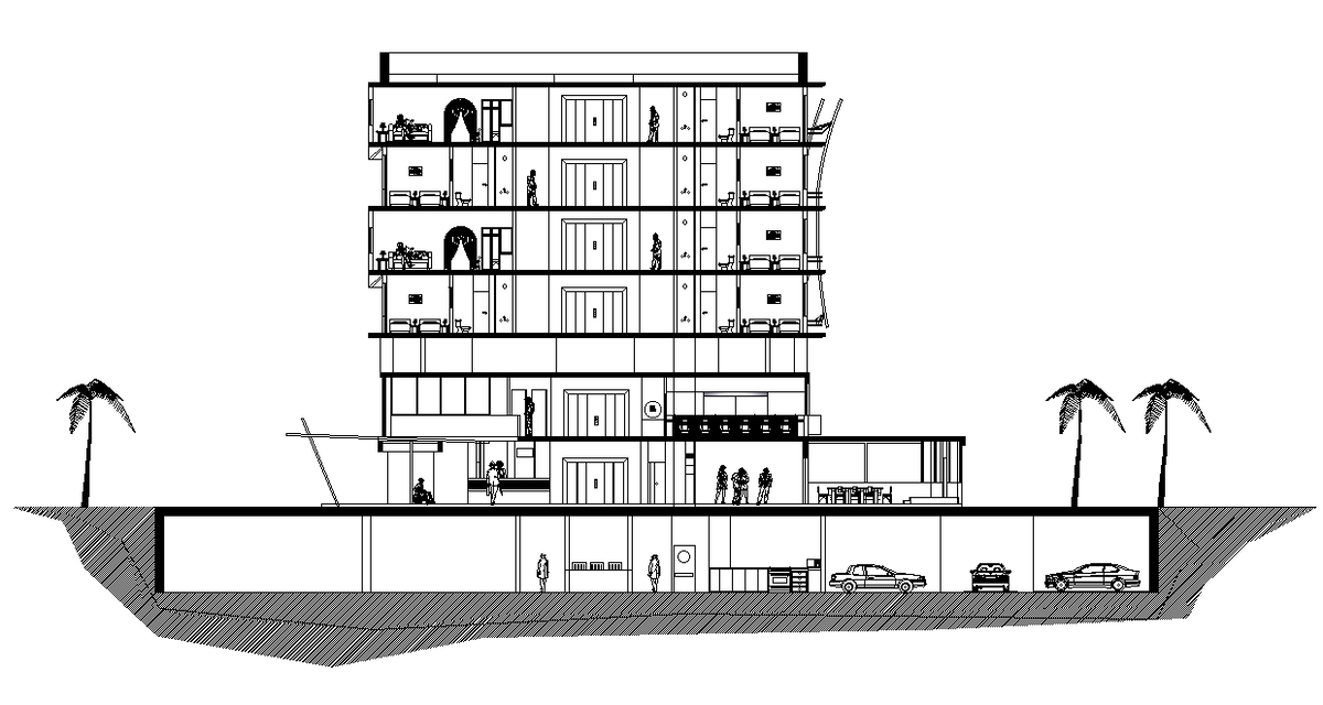 A section view of star hotel is given in this Autocad drawing file. Download now.