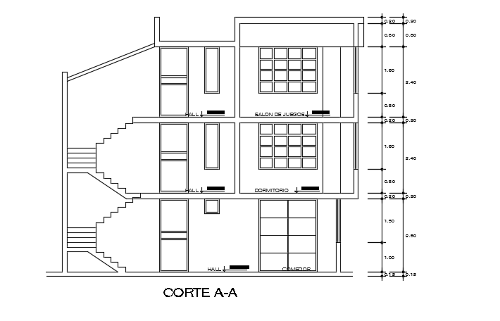 A section view of the 10x11m architecture house building cad drawing is given