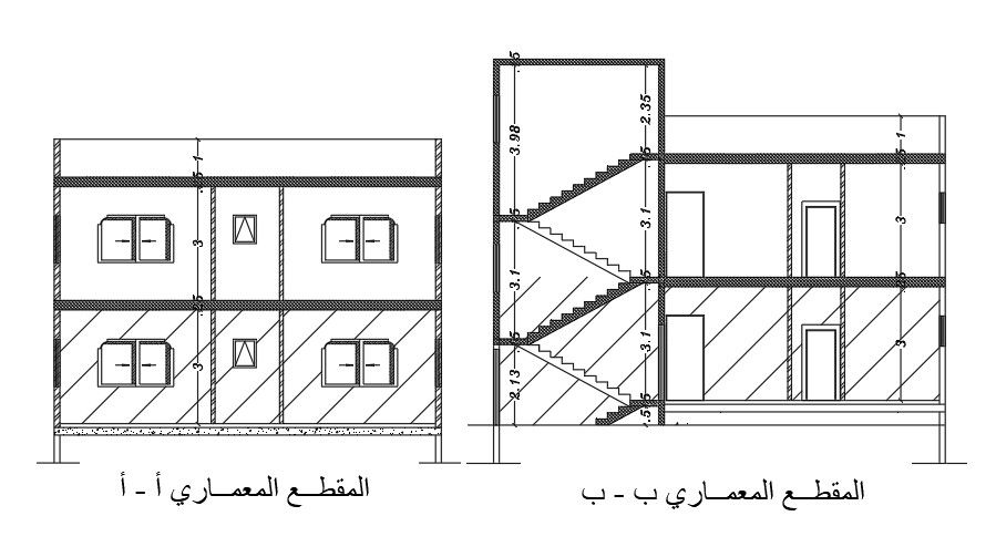 A section view of the 10x12m two story residential building detail drawing
