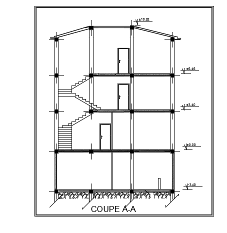 A section view of the 10x14m three story family house building is given