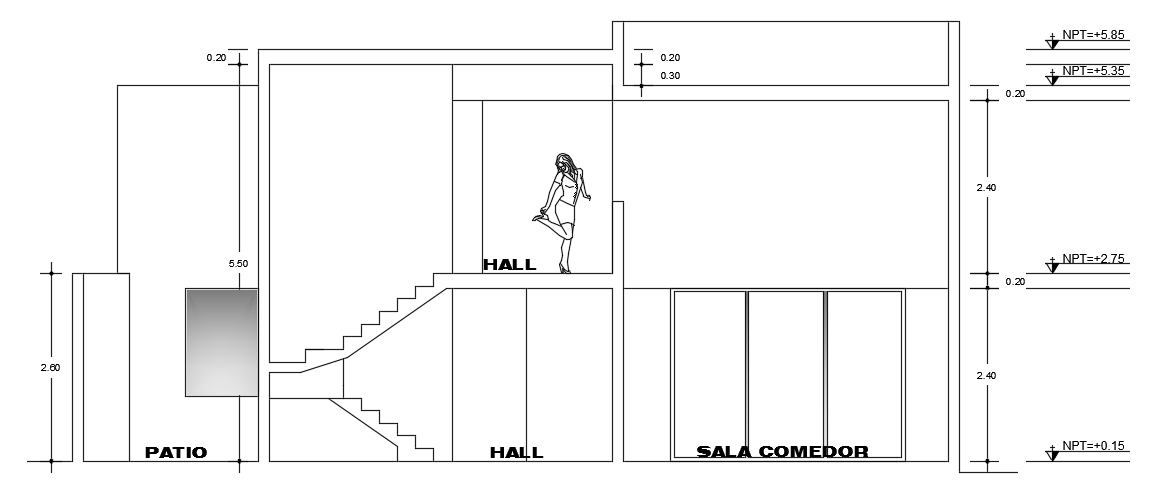A section view of the 10x15m two story house building AutoCAD drawing