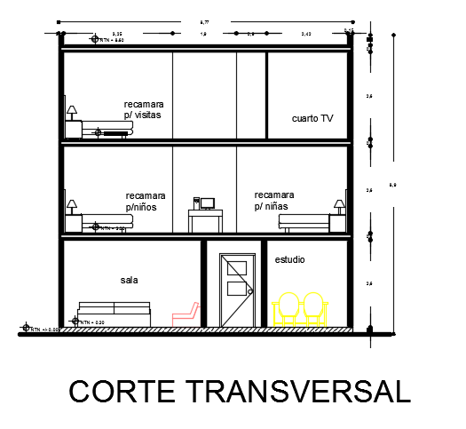 A section view of the 10x18m bungalow house building AutoCAD model
