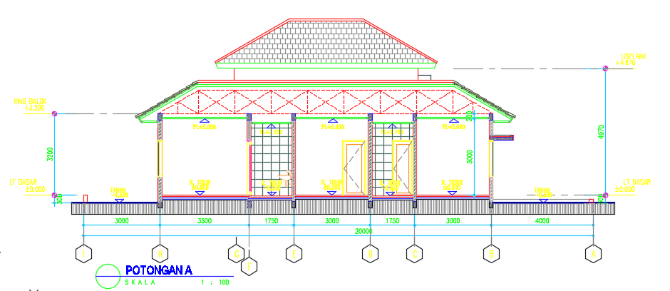 A section view of the 10x20m home building