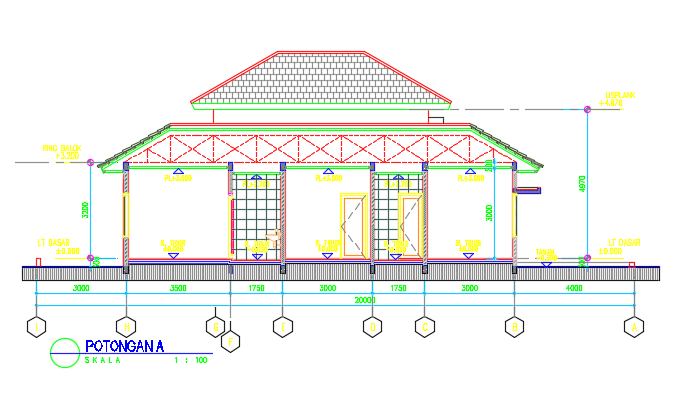 A section view of the 10x20m house building CAD drawing