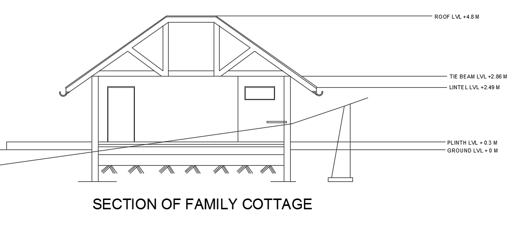 A section view of the 10x9m ground floor plan of family cottage building cad drawing