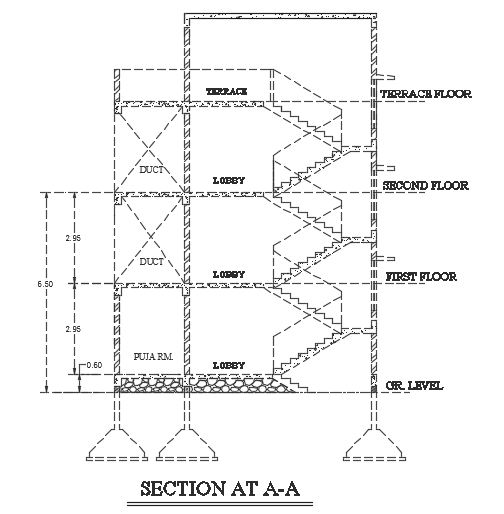 A section view of the 10x9m three story bungalow house building AutoCAD model