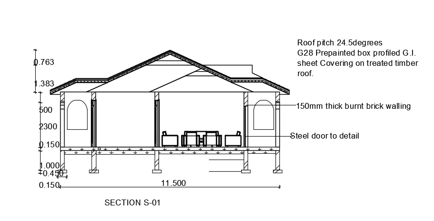A section view of the 11x9m 2bhk house building 2D AutoCAD drawing