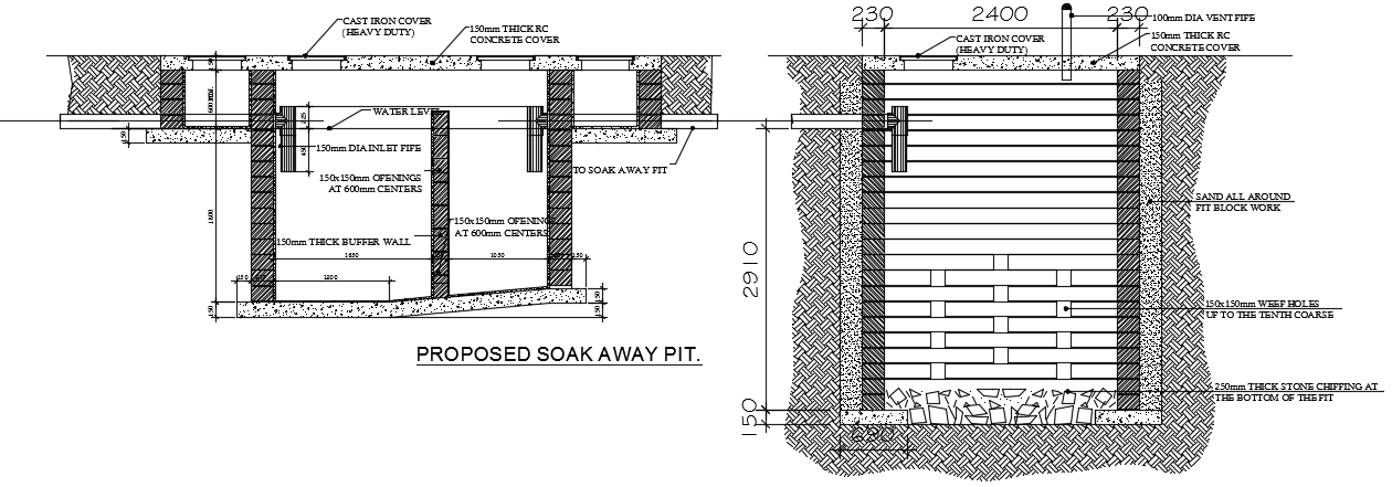 A section view of the 12x15m house building soak pit is given in this model