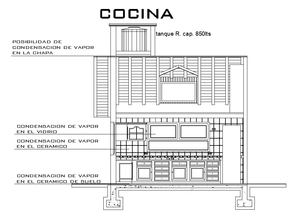 A section view of the 12x9m house building kitchen front view
