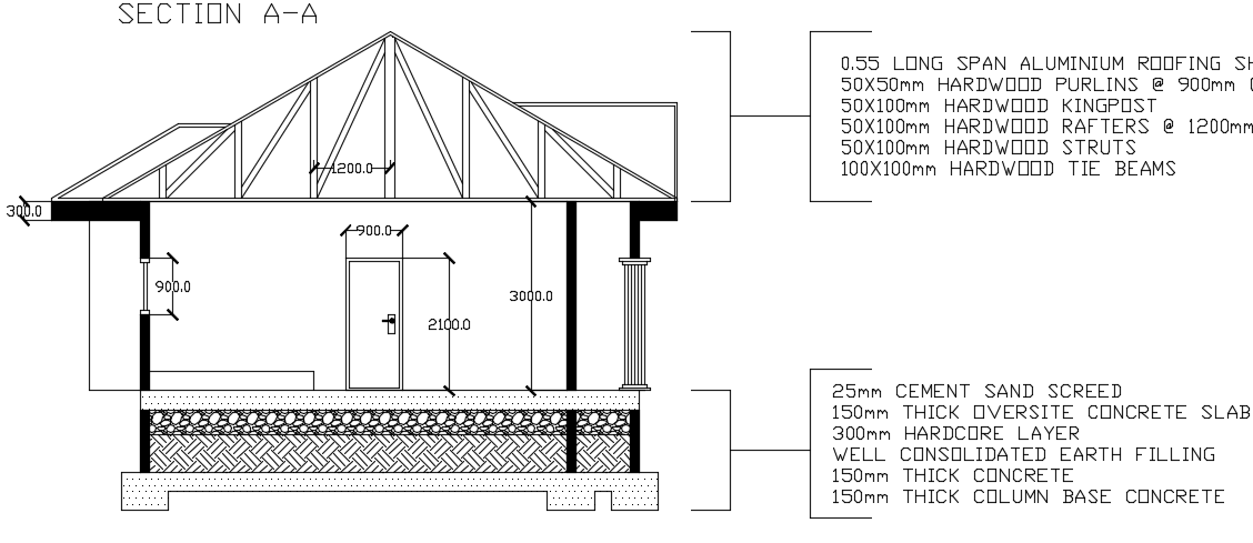 A section view of the13x8m home building cad drawing is given in this file
