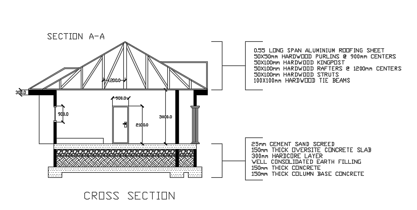 A section view of the 13x8m house building view CAD drawing