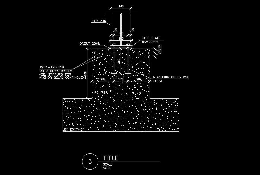 A section view of the 1400x1400mm footing of base plate