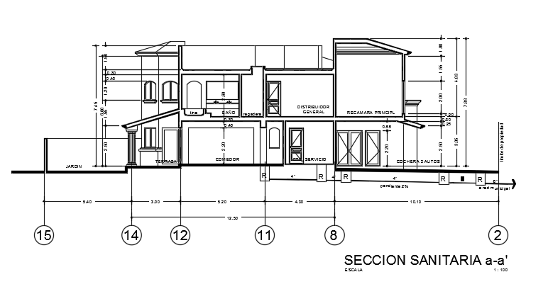 A section view of the 14X18m architecture house building cad drawing is given 
