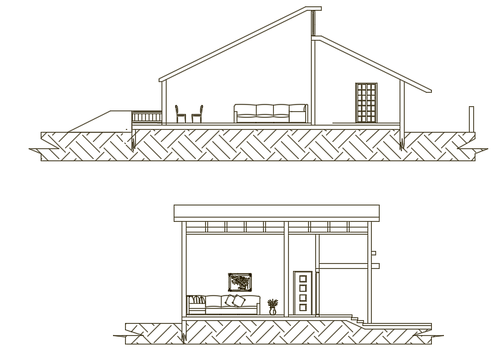 A section view of the 14x10m single bedroom simple house building AutoCAD model