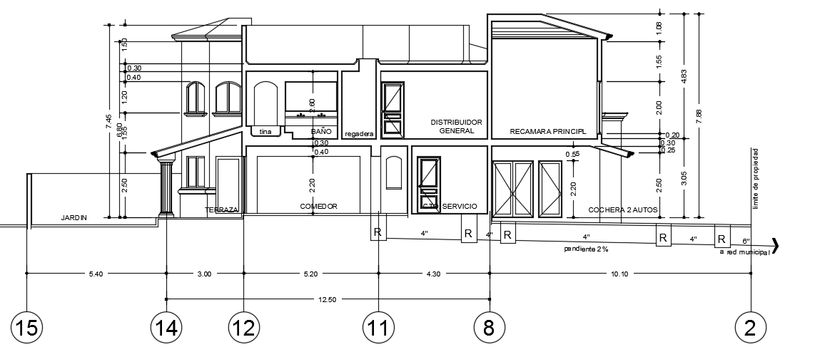 A section view of the 14x17m house building model