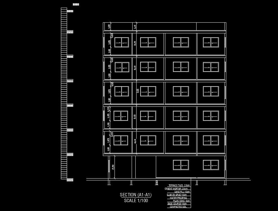 A section view of the 15x18m apartment building model
