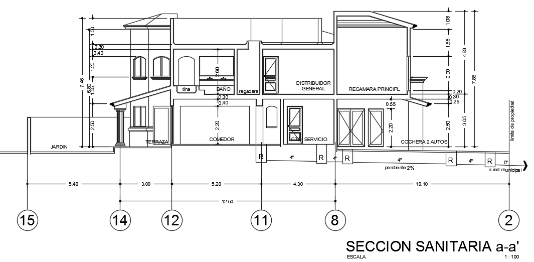 A section view of the 15x28m house building is given in this file