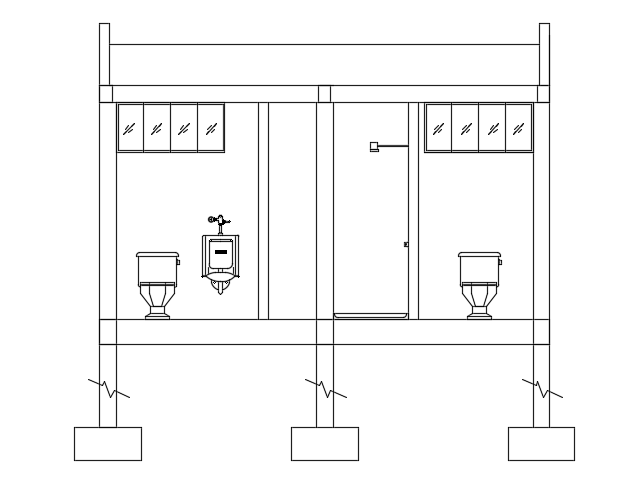 A section view of the 15x5m industrial toilet building AutoCAD drawing