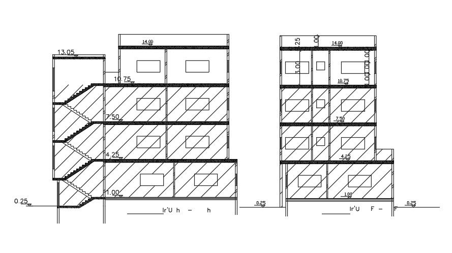 A section view of the 16x8m house building AutoCAD drawing