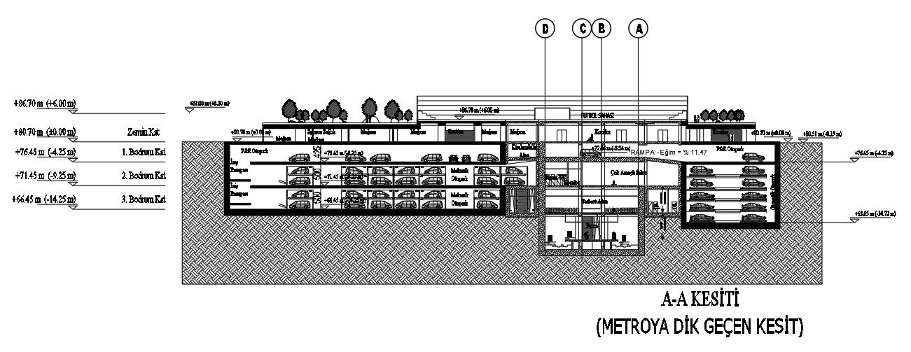 A section view of the 171x142m hotel plan of comb lift automatic car parking is given in this AutoCAD drawing model.