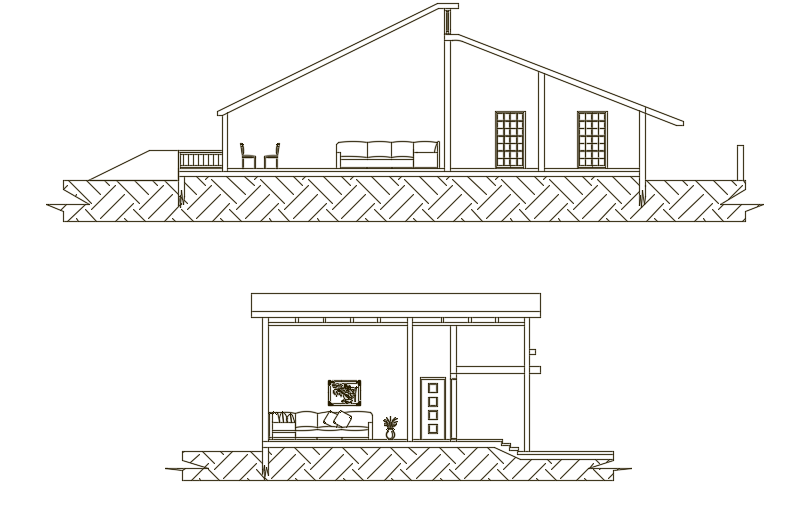 A section view of the 17x10m 2bhk house building AutoCAD drawing