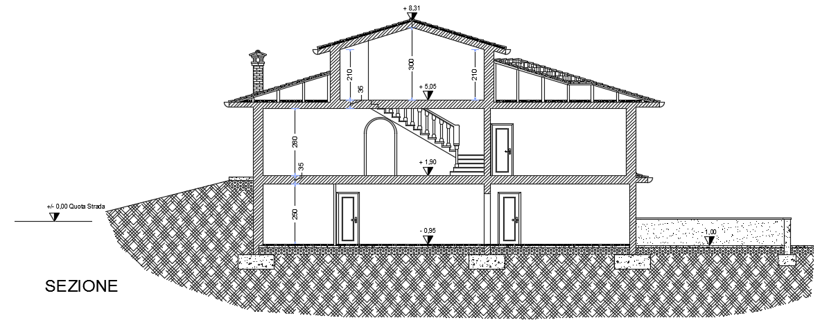 A section view of the 17x15m duplex house building AutoCAD model