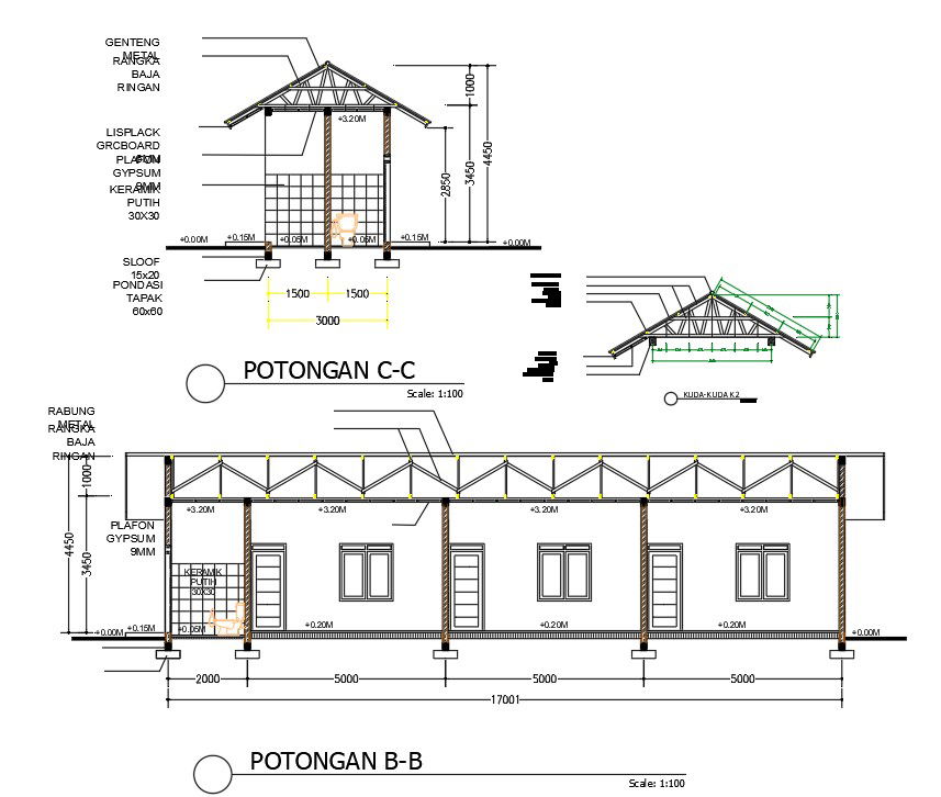 A section view of the 17x3m warehouse building
