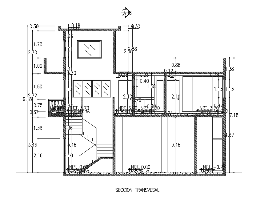 A section view of the 18x11m house cum local shop building