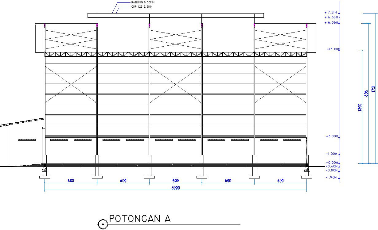 A section view of the 18x12m ware house building CAD drawing