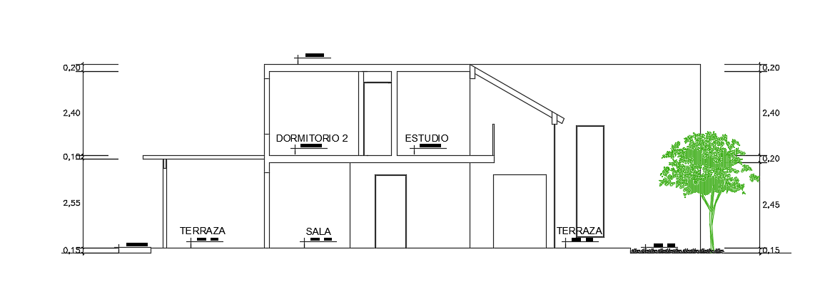A section view of the 20x12m two story house building cad 2d drawing is given in this file