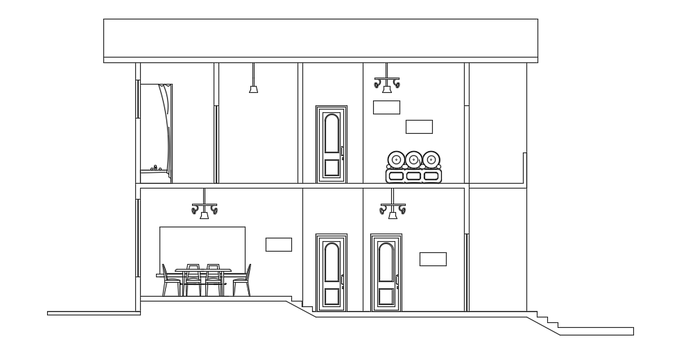A section view of the 20x17m bungalow house building AutoCAD drawing