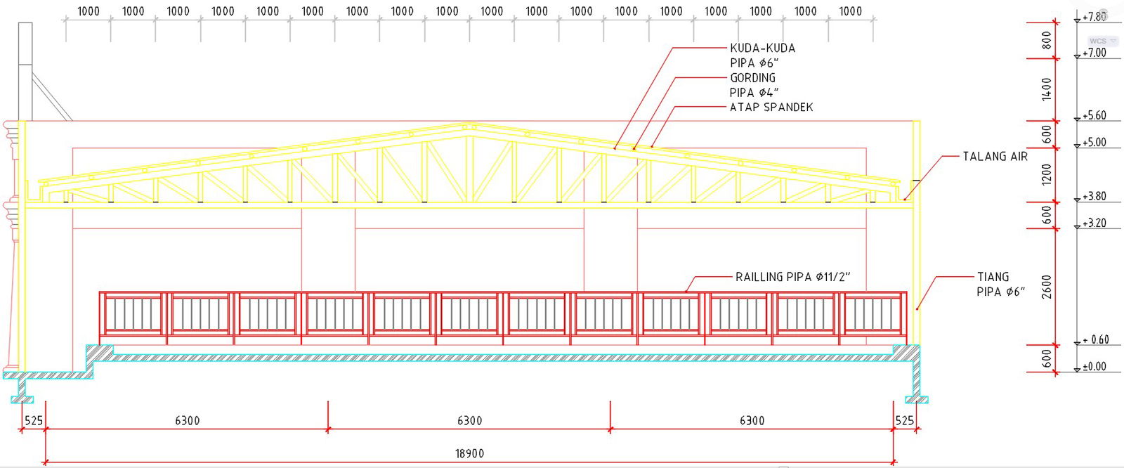 A section view of the 20x20m bumper car shed building