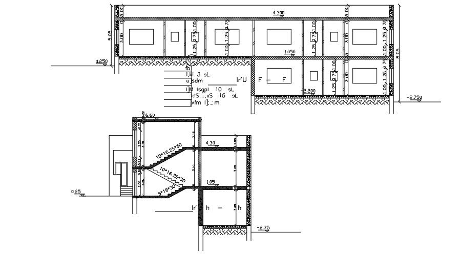 A section view of the 23x12m house building drawing