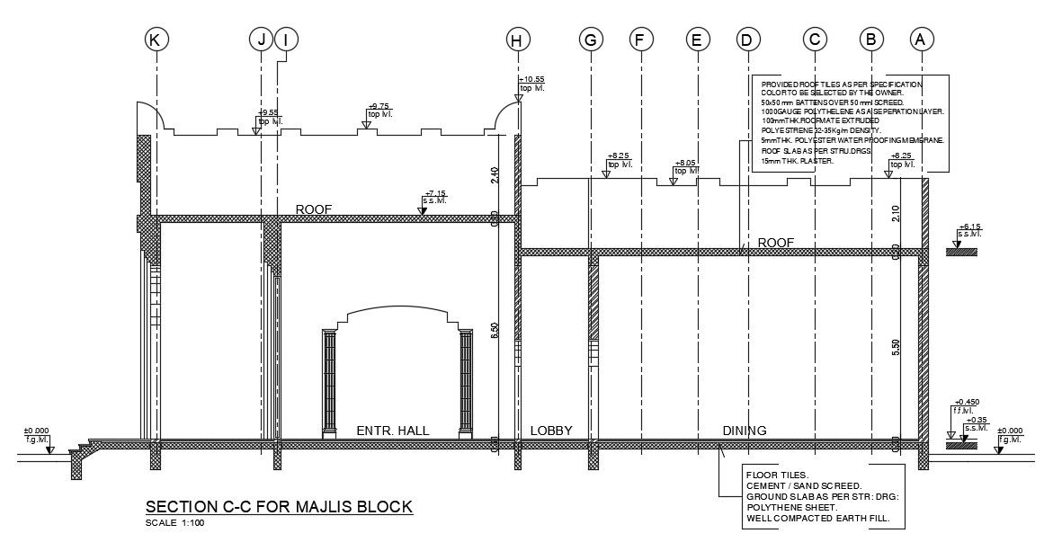 A section view of the 31x37m majlis(event hall) block is given in this AutoCAD drawing file. Download now.