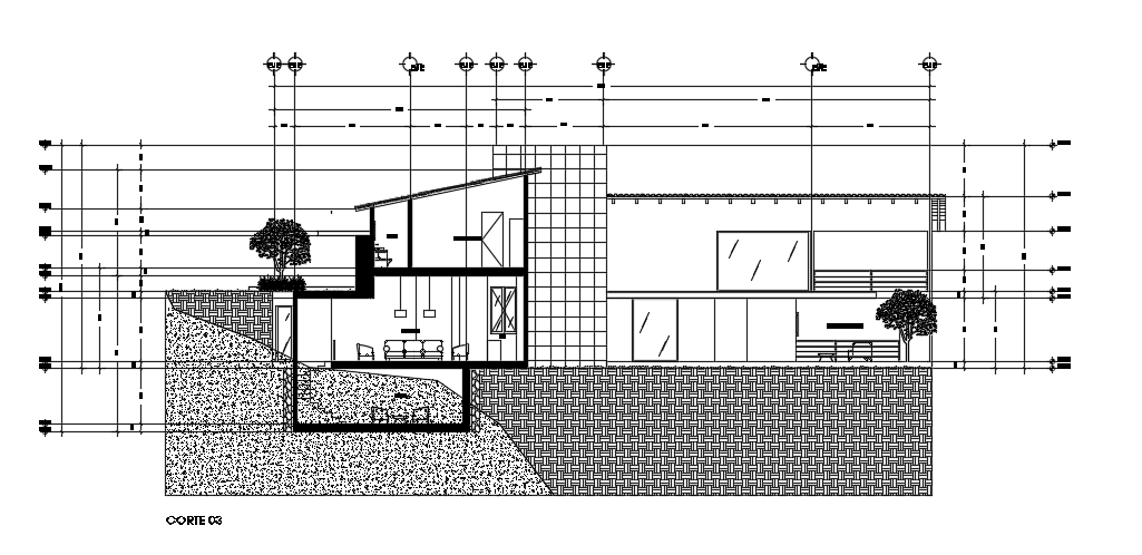 A section view of the 32x28 architecture house building AutoCAD drawing