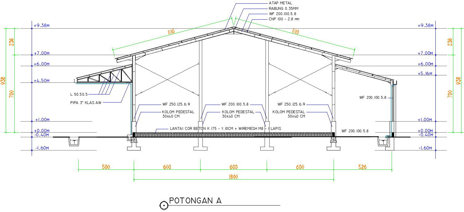 A section view of the 33x30m warehouse building