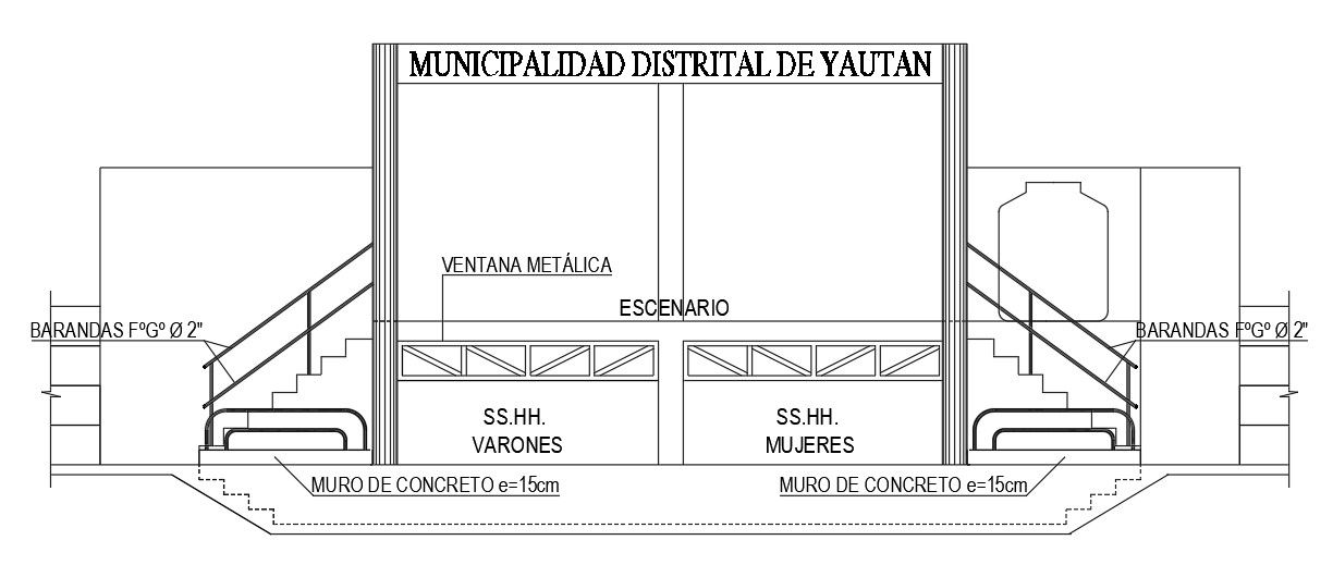 A section view of the 35x25m sports complex plan of the bathroom is given in this model.Download now.