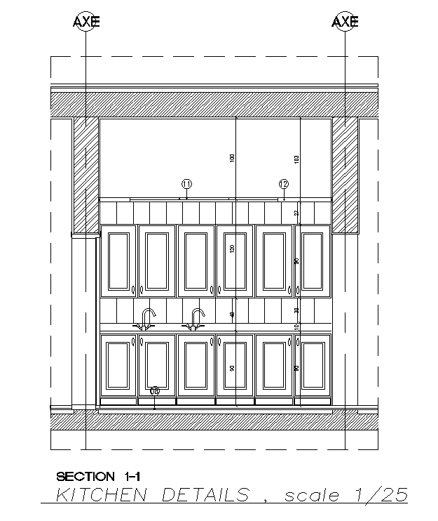 A section view of the 3x2m kitchen AutoCAD drawing